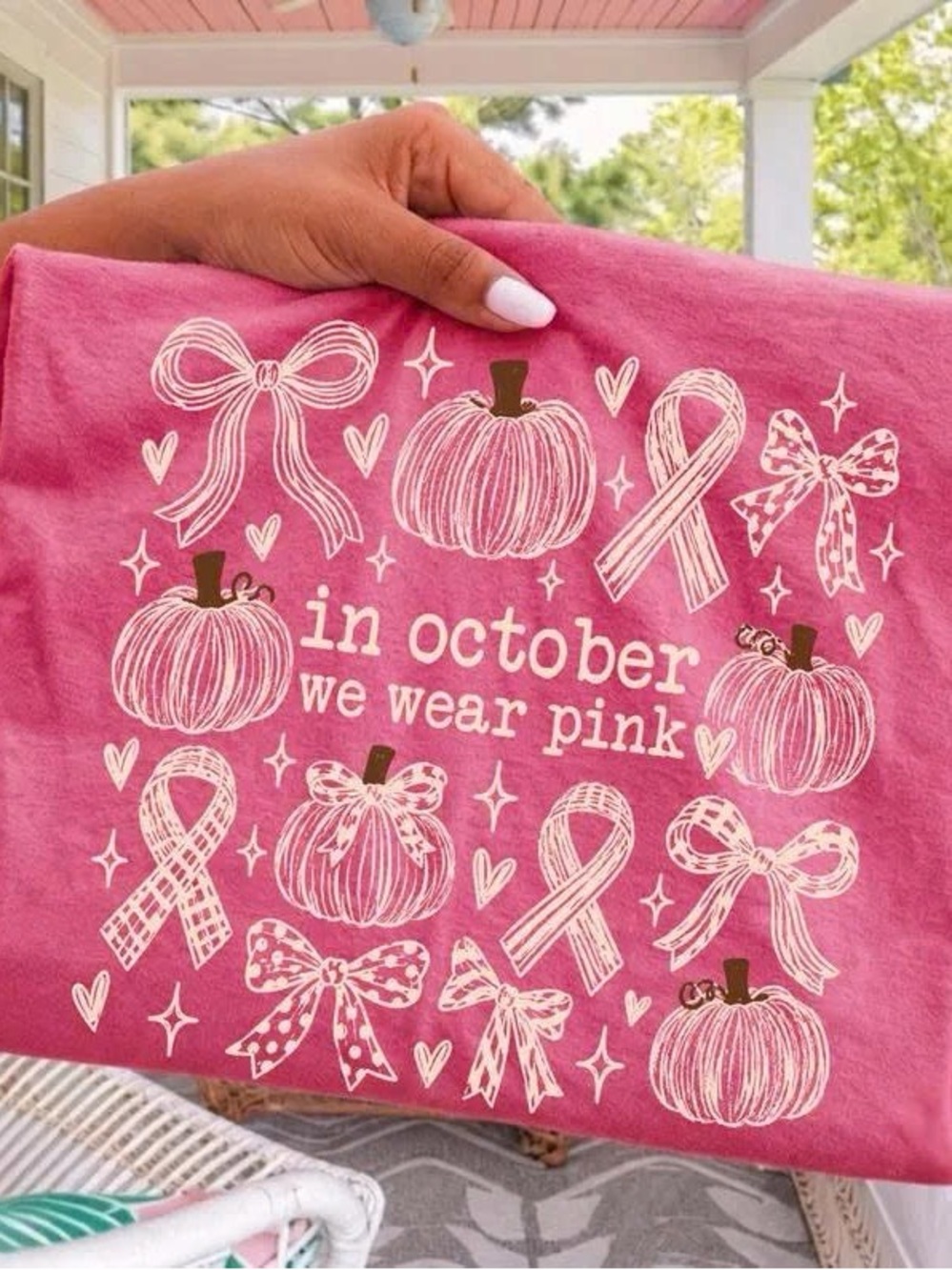 Gildan Pink Breast Cancer Awareness Tee with Pumpkins & Ribbons